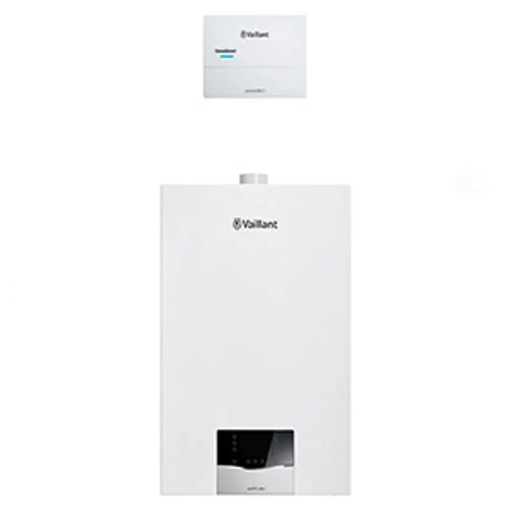 Weiße Vaillant-Heizungsanlage mit Bedienelementen und digitalem Display. Oberhalb befindet sich ein Steuergerät zur Temperaturregelung.